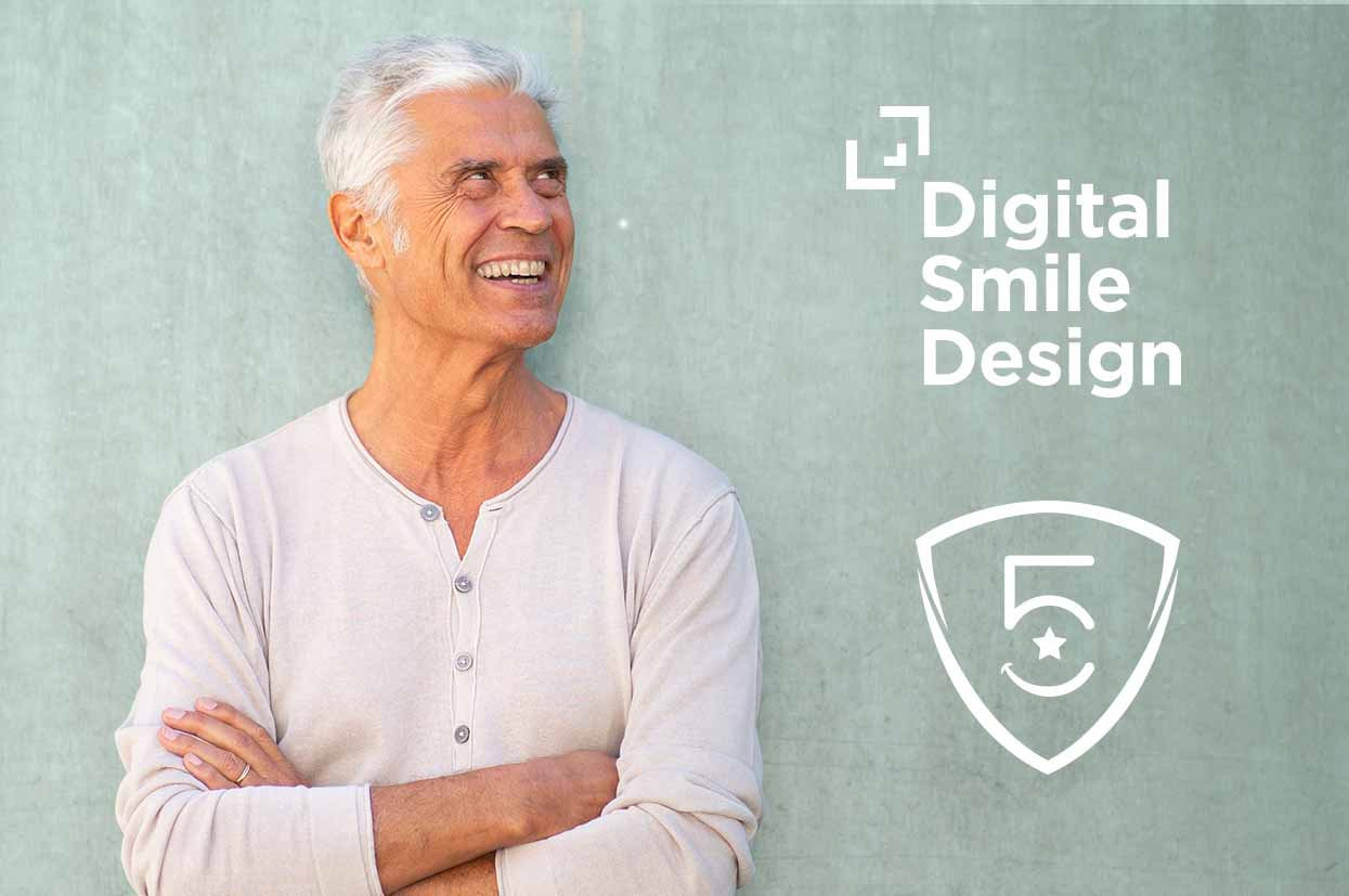 A man smiling and looking to the side, next to the logos for Digital Smile Design and the five Smile Makeover Standards.