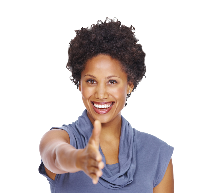 A young woman extends her hand in greeting